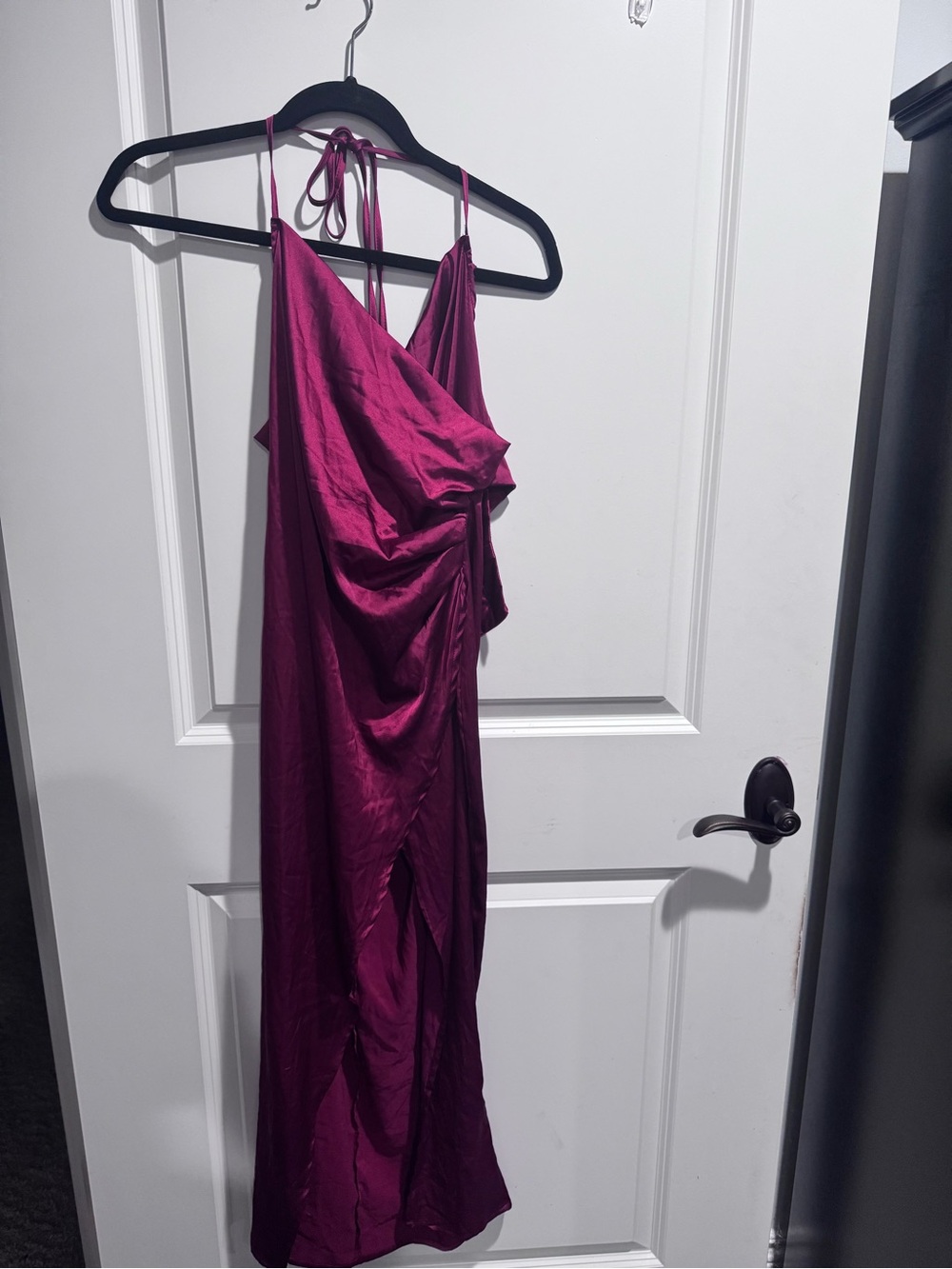 Satin Halter Ruched Slip Dress - Magenta/Red